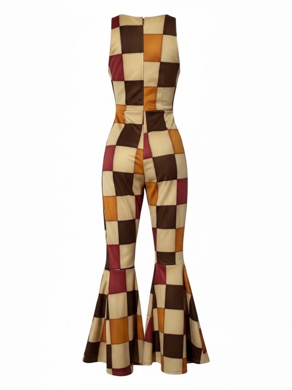 Patchwork V-Neck Knit Jumpsuit in Multicolor Earthtones - Picture 3 of 4
